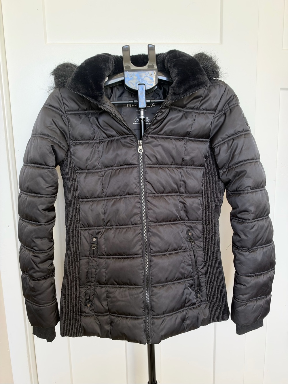 Nautica Black Quilted Puffer Jacket with Faux Fur Collar